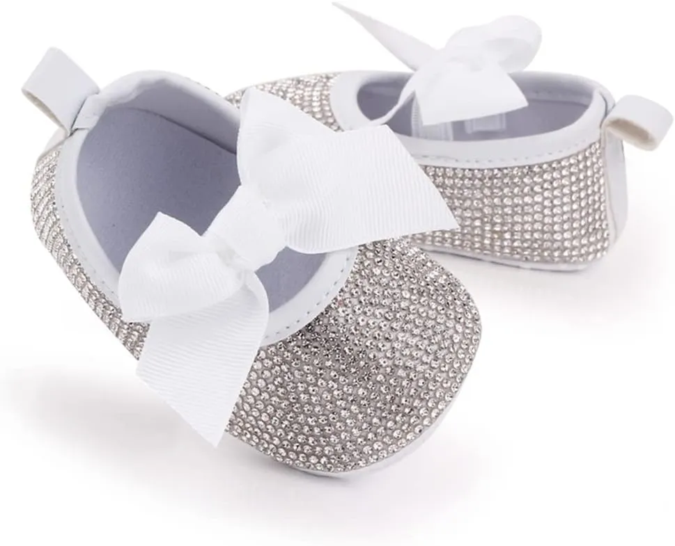 Baby Girls Mary Jane Flats Sparkly Bow Diamonds Princess Dress Shoes Anti-Slip Infant Crib Shoes