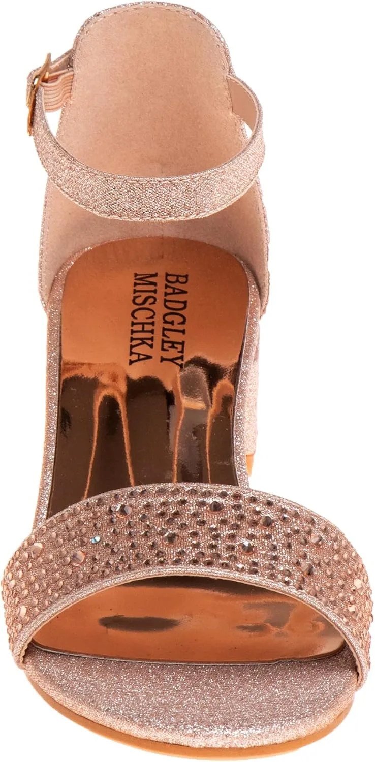 Badgley Mischka Girls Dress Shoes - Sandy Rhinestone Open Toe Dress Pump Sandals with Ankle Strap Heels for Kids (Rose Gold, Silver, Black) (Little Kid/Big Kid)