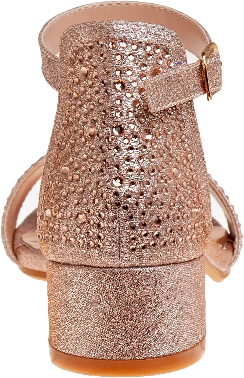 Badgley Mischka Girls Dress Shoes - Sandy Rhinestone Open Toe Dress Pump Sandals with Ankle Strap Heels for Kids (Rose Gold, Silver, Black) (Little Kid/Big Kid)