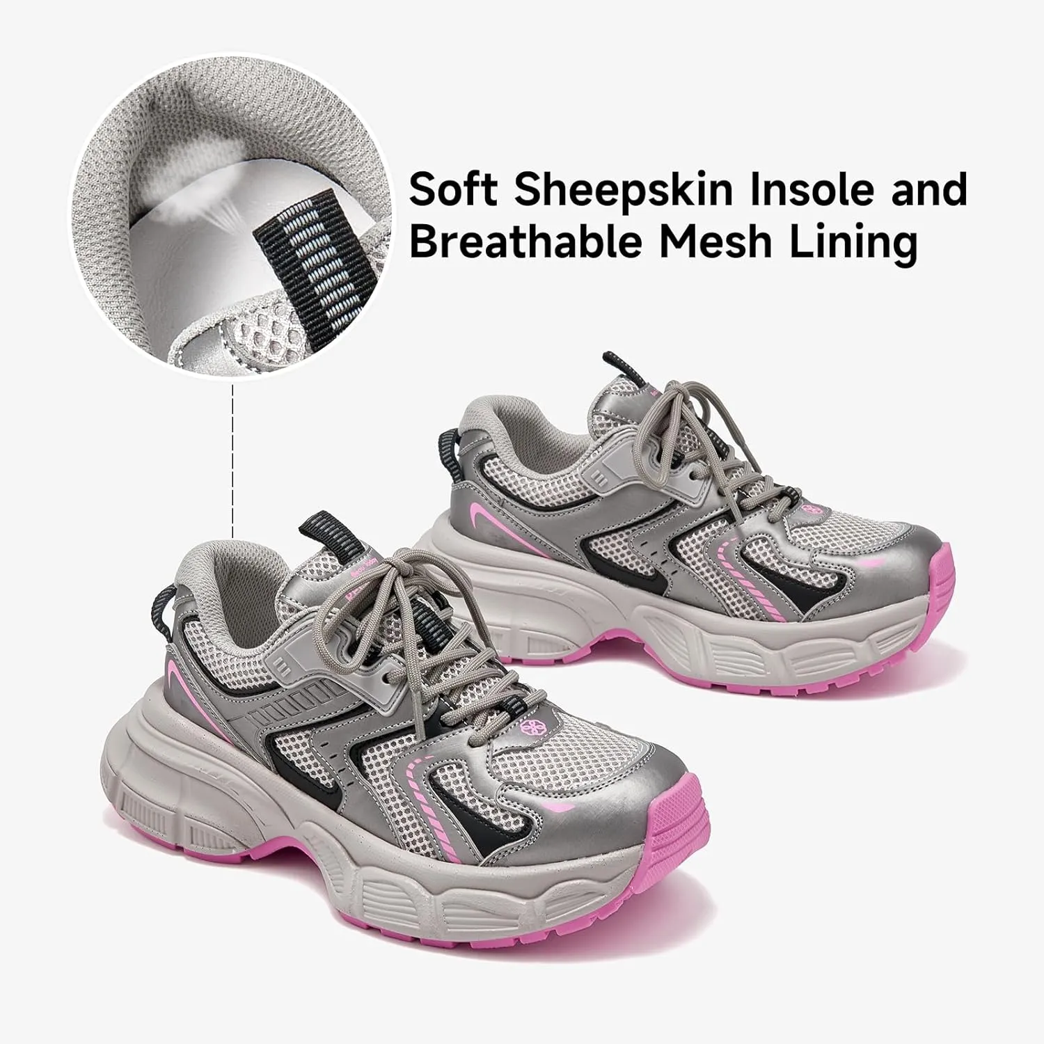 BEAU TODAY Women's Walking Shoes, Chunky Platform Fashion Sneakers for Women, Comfortable Casual Lightweight Lace-up Gym Workout Athletic Tennis Shoes