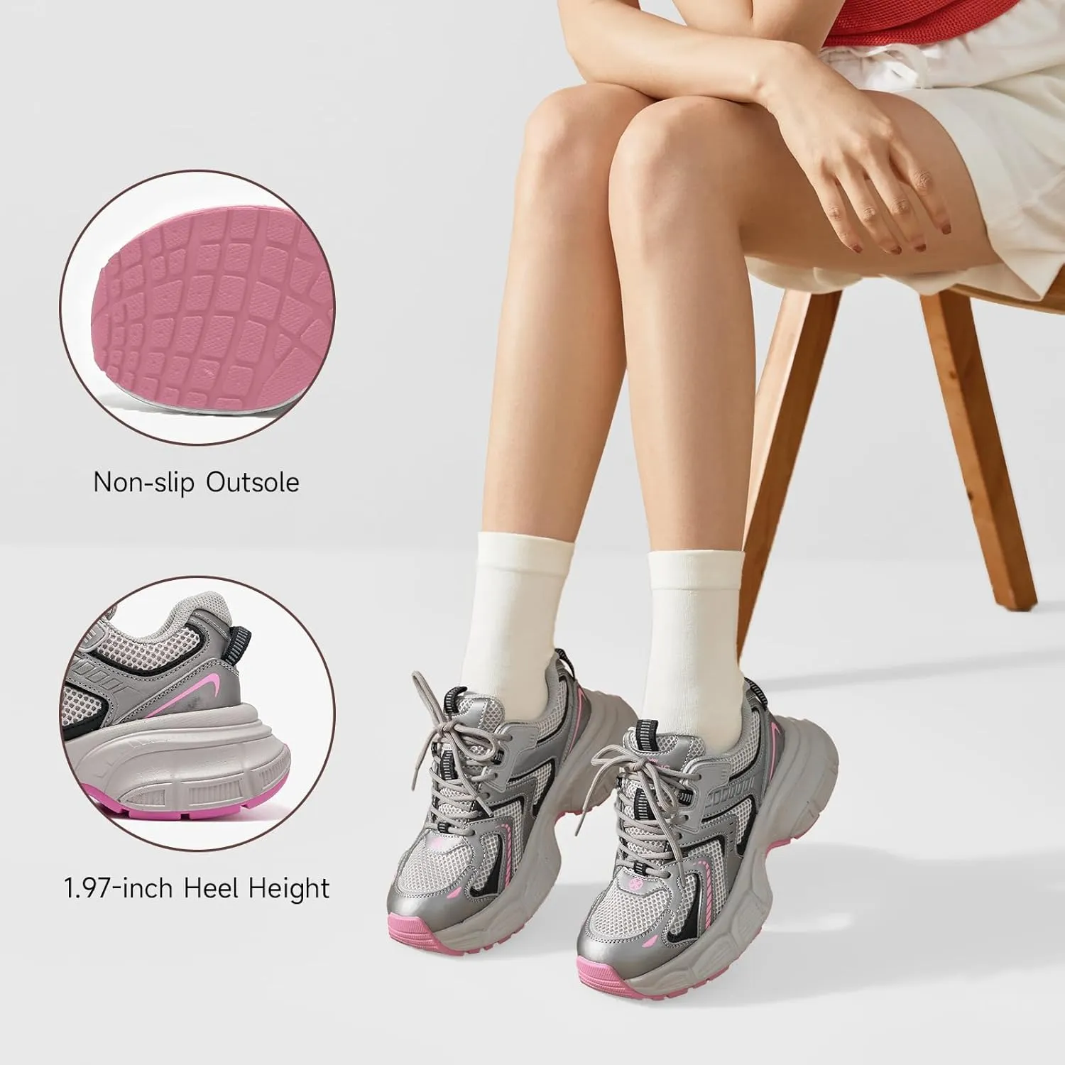 BEAU TODAY Women's Walking Shoes, Chunky Platform Fashion Sneakers for Women, Comfortable Casual Lightweight Lace-up Gym Workout Athletic Tennis Shoes