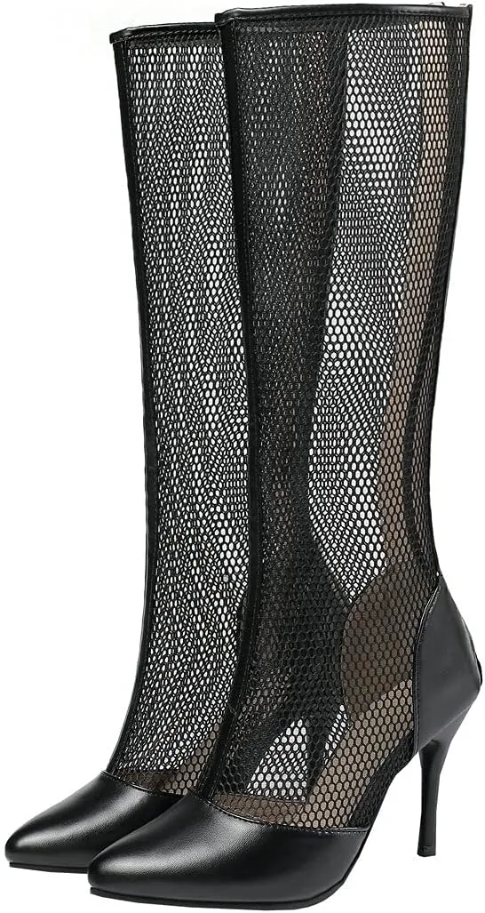 BEAUPAS Women's Knee High Stiletto Pointed Toe Boots High Heel Mesh Boots Cut Out Gladiator Sandals Zipper Shoes