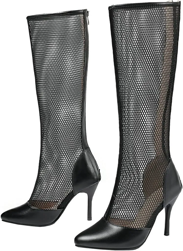 BEAUPAS Women's Knee High Stiletto Pointed Toe Boots High Heel Mesh Boots Cut Out Gladiator Sandals Zipper Shoes