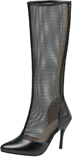 BEAUPAS Women's Knee High Stiletto Pointed Toe Boots High Heel Mesh Boots Cut Out Gladiator Sandals Zipper Shoes