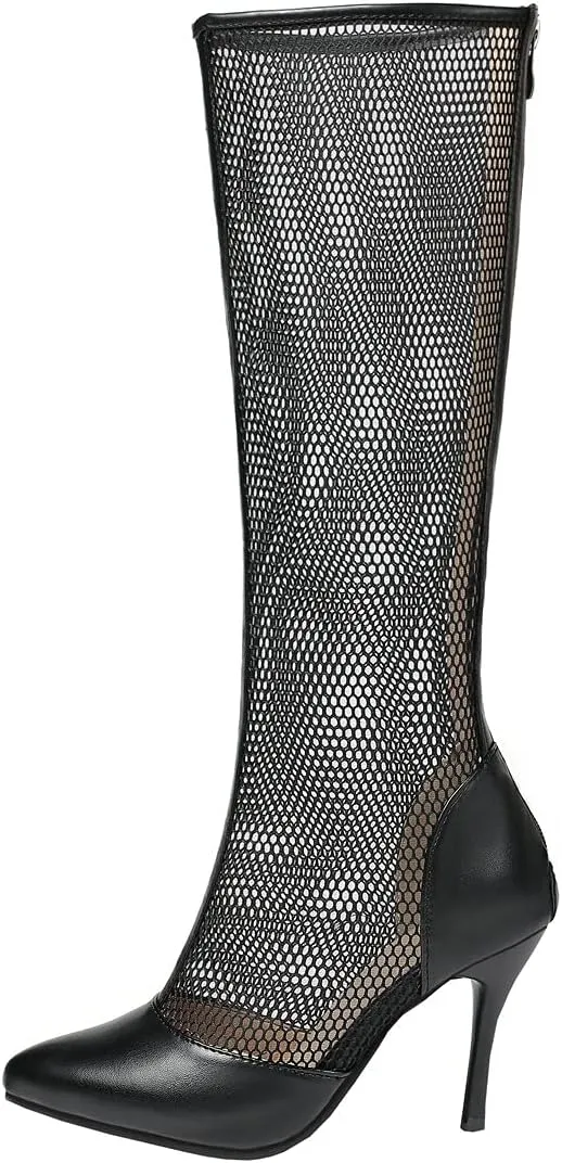 BEAUPAS Women's Knee High Stiletto Pointed Toe Boots High Heel Mesh Boots Cut Out Gladiator Sandals Zipper Shoes