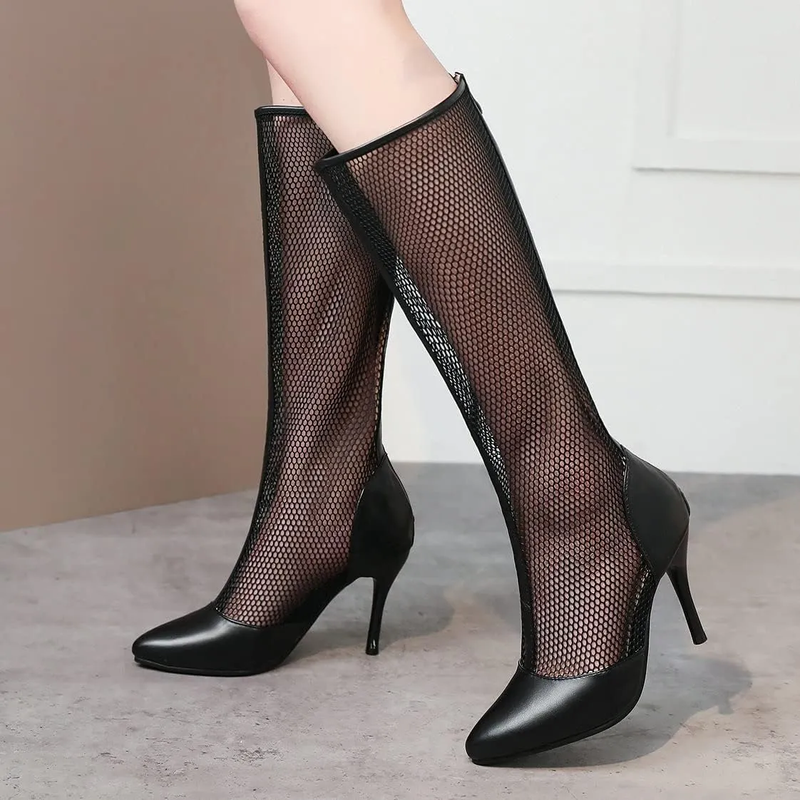 BEAUPAS Women's Knee High Stiletto Pointed Toe Boots High Heel Mesh Boots Cut Out Gladiator Sandals Zipper Shoes