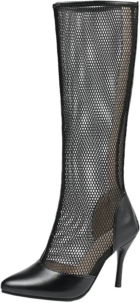 BEAUPAS Women's Knee High Stiletto Pointed Toe Boots High Heel Mesh Boots Cut Out Gladiator Sandals Zipper Shoes