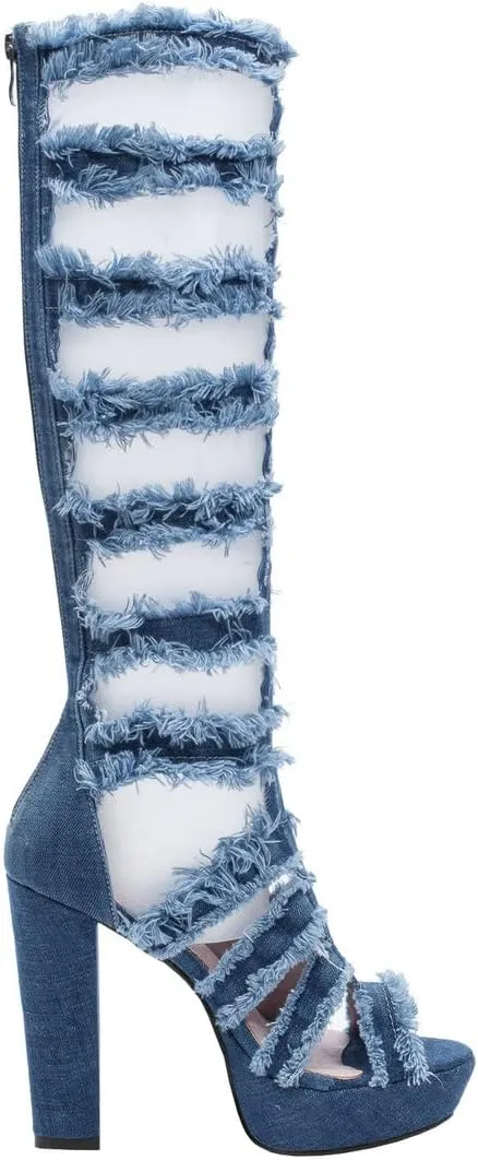 BEAUPAS Women's Platform Gladiator Knee High Sandals High Heel Denim Peep Toe Knee High Boots Chunky Heel Cut Out Zip Up Shoes