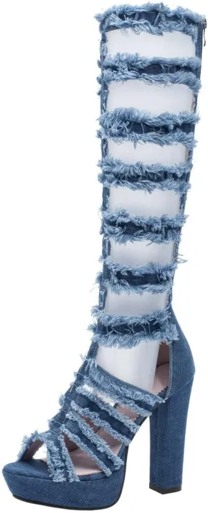 BEAUPAS Women's Platform Gladiator Knee High Sandals High Heel Denim Peep Toe Knee High Boots Chunky Heel Cut Out Zip Up Shoes