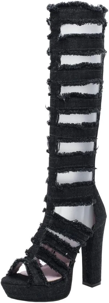 BEAUPAS Women's Platform Gladiator Knee High Sandals High Heel Denim Peep Toe Knee High Boots Chunky Heel Cut Out Zip Up Shoes