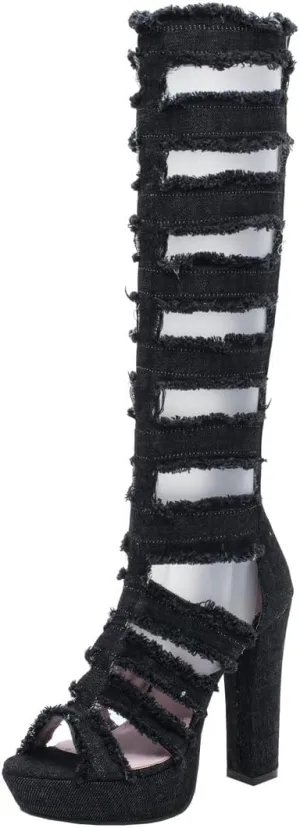 BEAUPAS Women's Platform Gladiator Knee High Sandals High Heel Denim Peep Toe Knee High Boots Chunky Heel Cut Out Zip Up Shoes