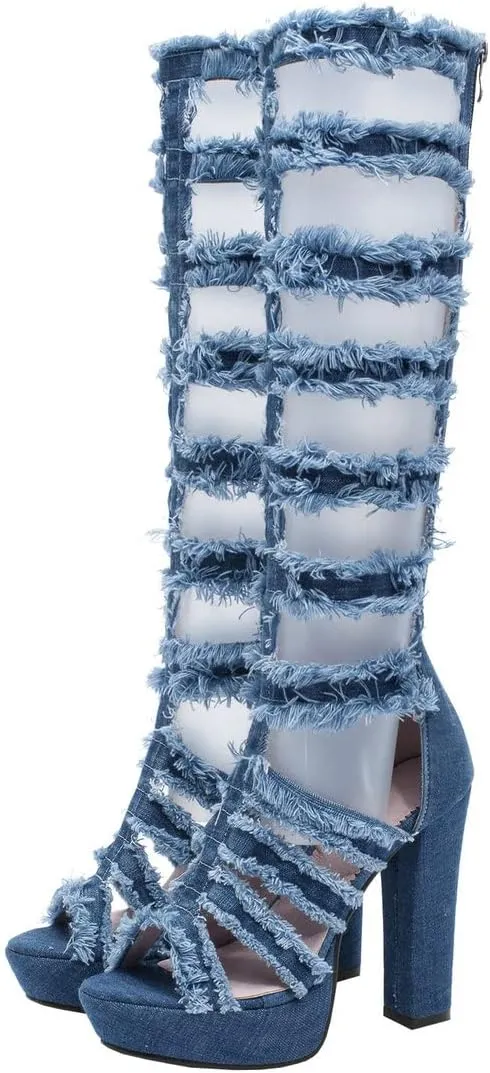 BEAUPAS Women's Platform Gladiator Knee High Sandals High Heel Denim Peep Toe Knee High Boots Chunky Heel Cut Out Zip Up Shoes