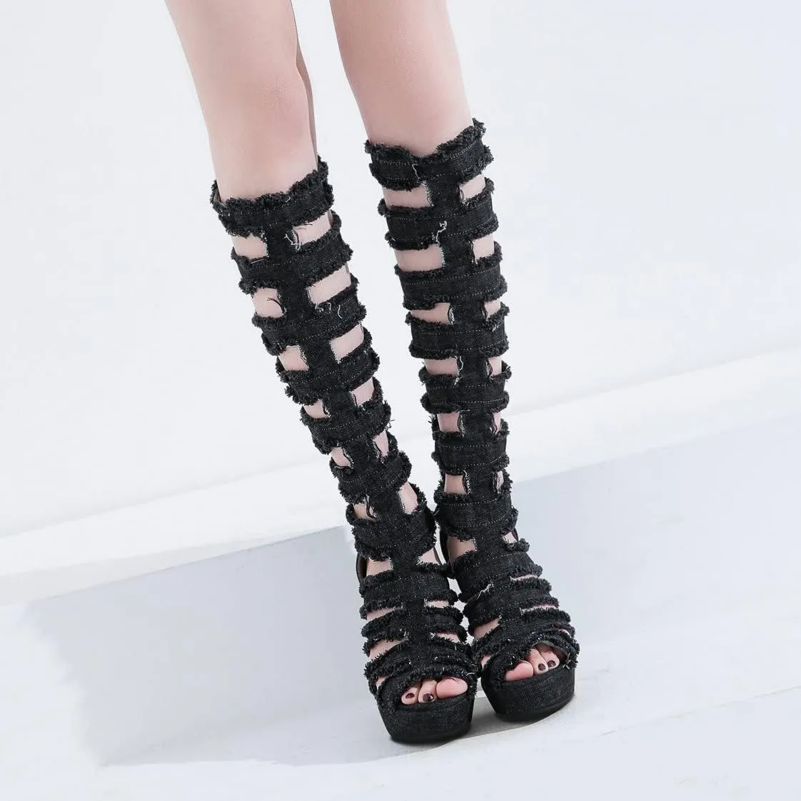 BEAUPAS Women's Platform Gladiator Knee High Sandals High Heel Denim Peep Toe Knee High Boots Chunky Heel Cut Out Zip Up Shoes