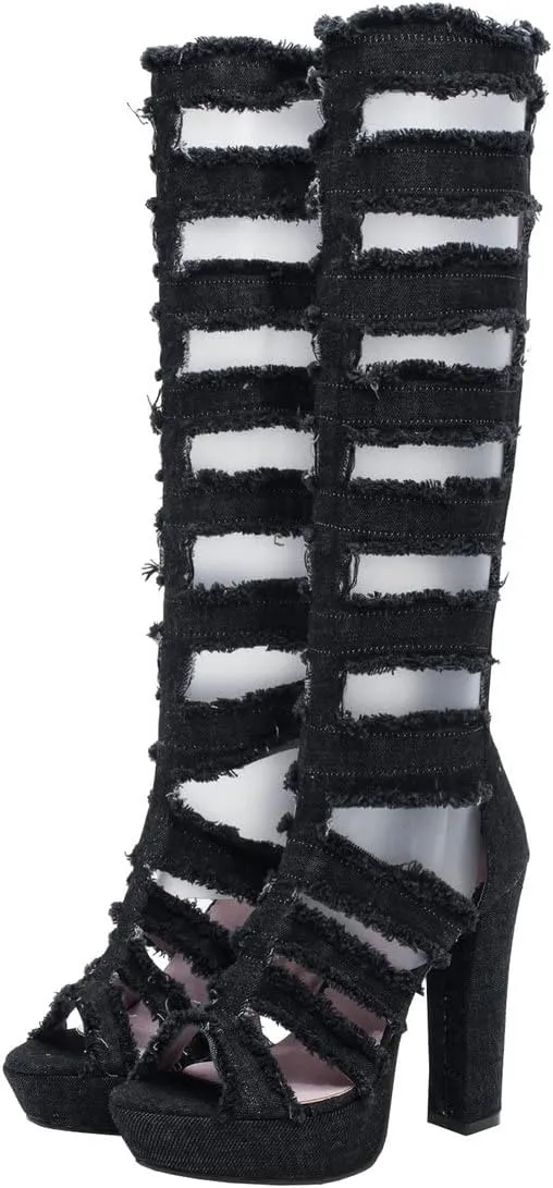 BEAUPAS Women's Platform Gladiator Knee High Sandals High Heel Denim Peep Toe Knee High Boots Chunky Heel Cut Out Zip Up Shoes