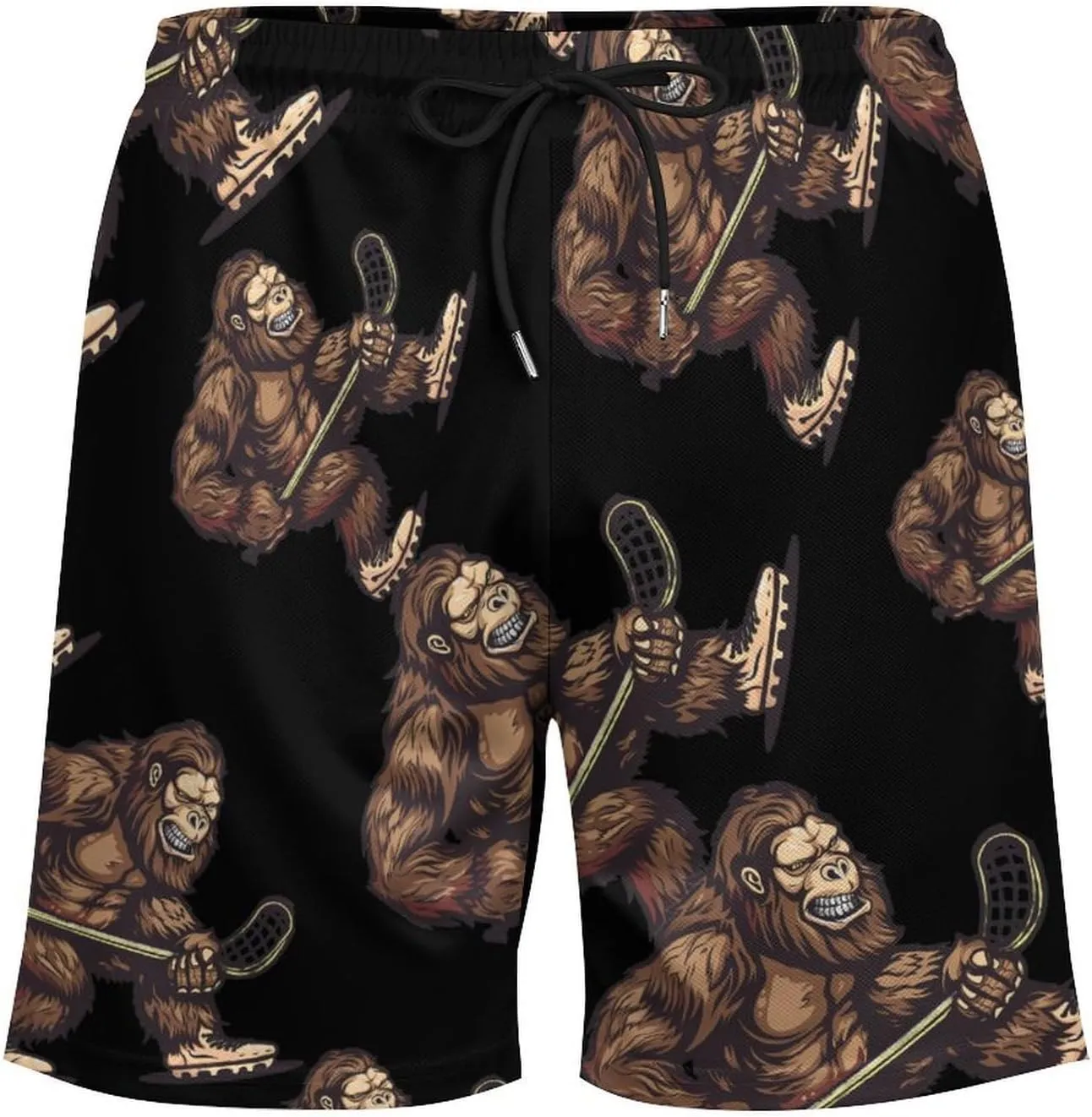 Bigfoot Sasquatch Lacrosse Funny Player Men's Swim Trunks Quick Dry Board Shorts Swimwear Beach Shorts with Compression Liner
