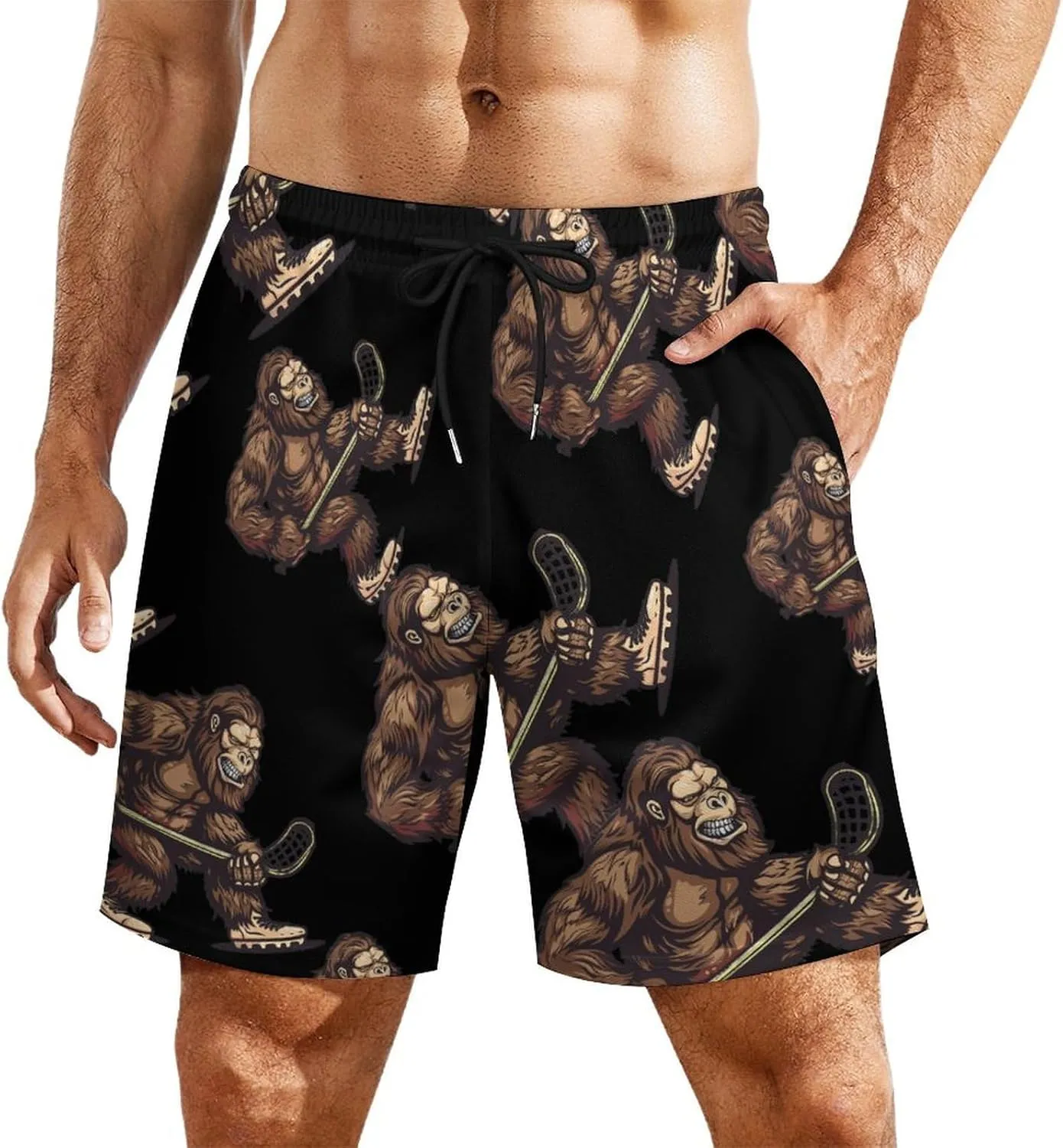 Bigfoot Sasquatch Lacrosse Funny Player Men's Swim Trunks Quick Dry Board Shorts Swimwear Beach Shorts with Compression Liner