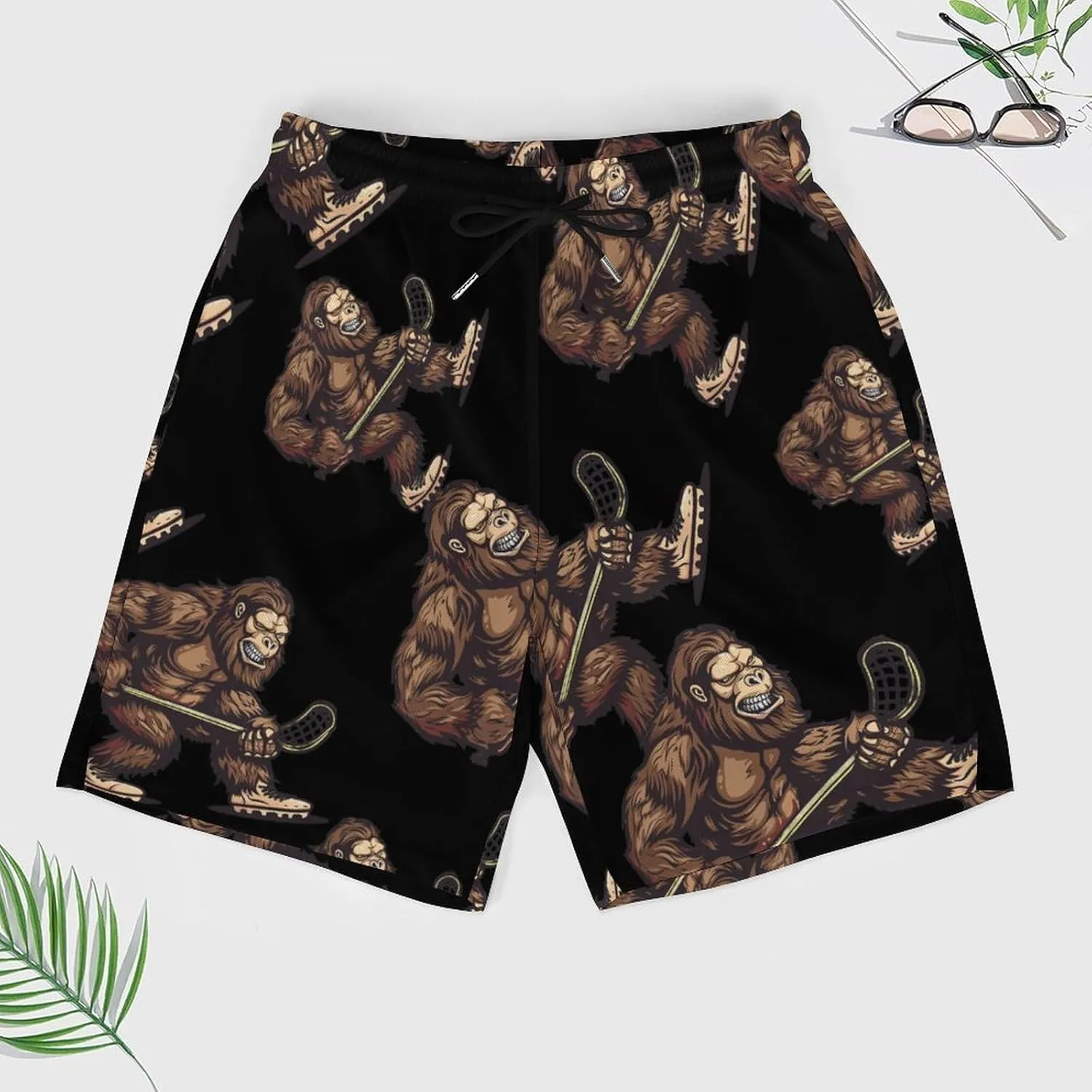 Bigfoot Sasquatch Lacrosse Funny Player Men's Swim Trunks Quick Dry Board Shorts Swimwear Beach Shorts with Compression Liner