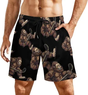 Bigfoot Sasquatch Lacrosse Funny Player Men's Swim Trunks Quick Dry Board Shorts Swimwear Beach Shorts with Compression Liner