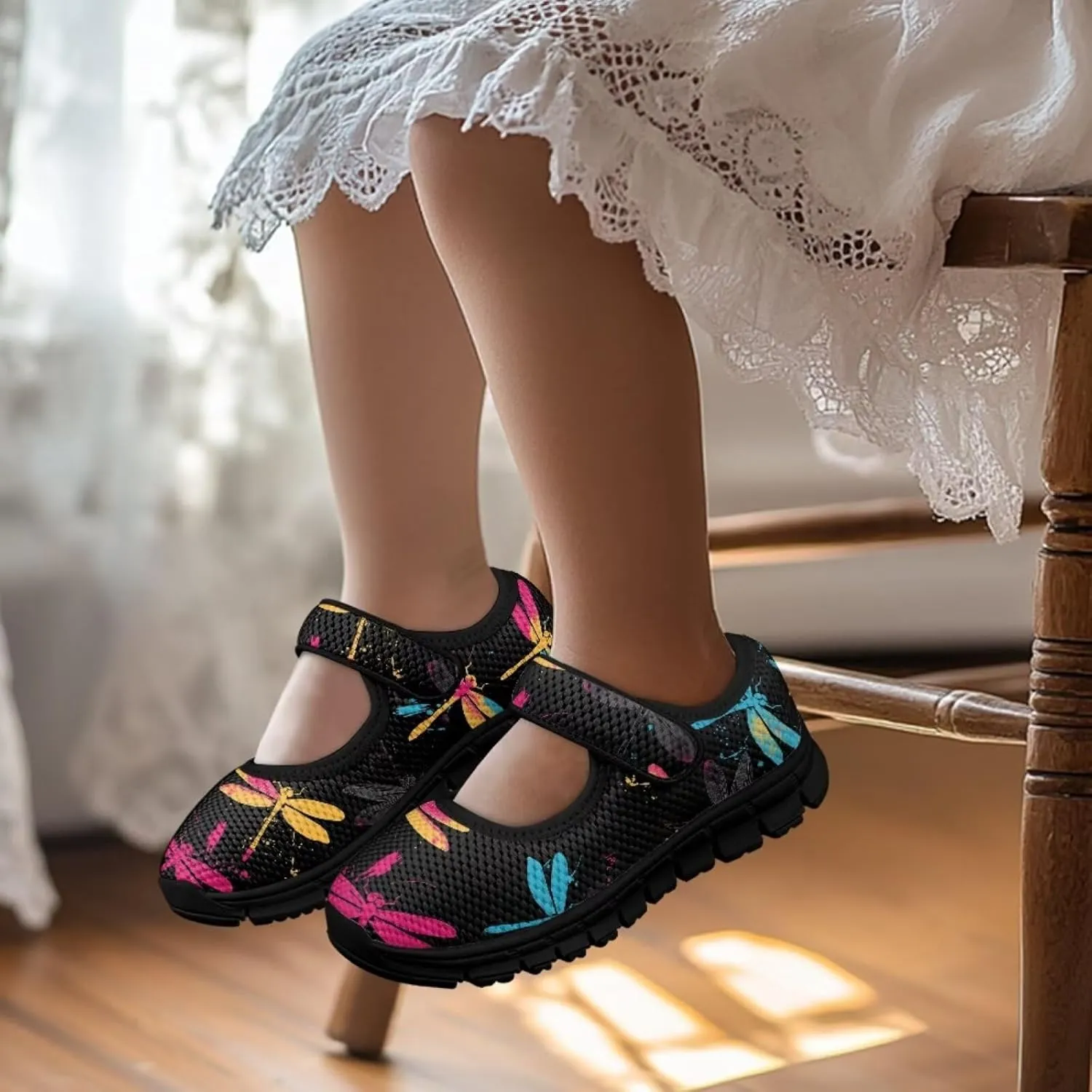 Black Series Print Mary Jane Sneakers for Girls Anti-Slip Planet Mesh Sneaker School Shoes Cozy Dress Shoes for Party,Wedding,Traveling