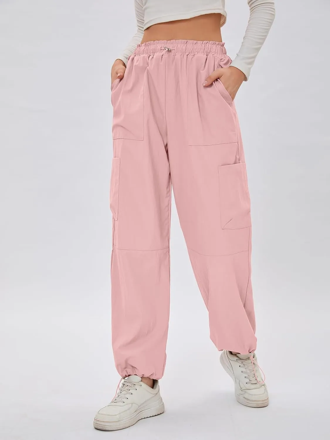 Bloggerlove Womens Cargo Pants Wide Leg Jogger Y2K Parachute Drawstring Waist Casual Baggy Pant with Pockets Trendy