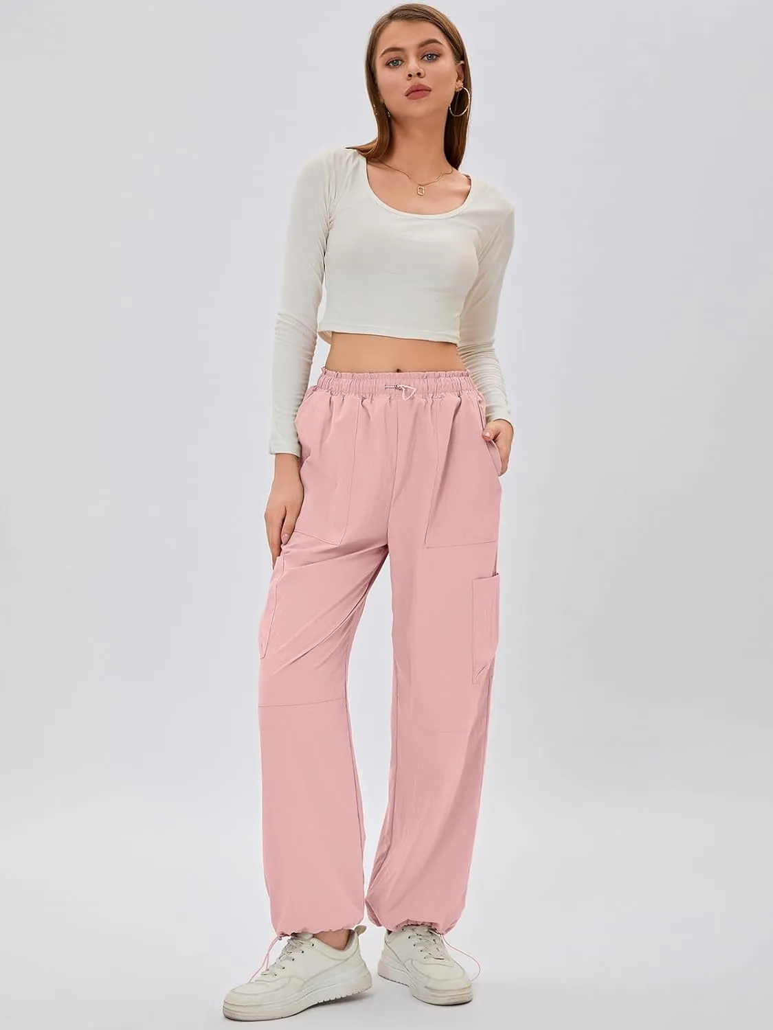 Bloggerlove Womens Cargo Pants Wide Leg Jogger Y2K Parachute Drawstring Waist Casual Baggy Pant with Pockets Trendy