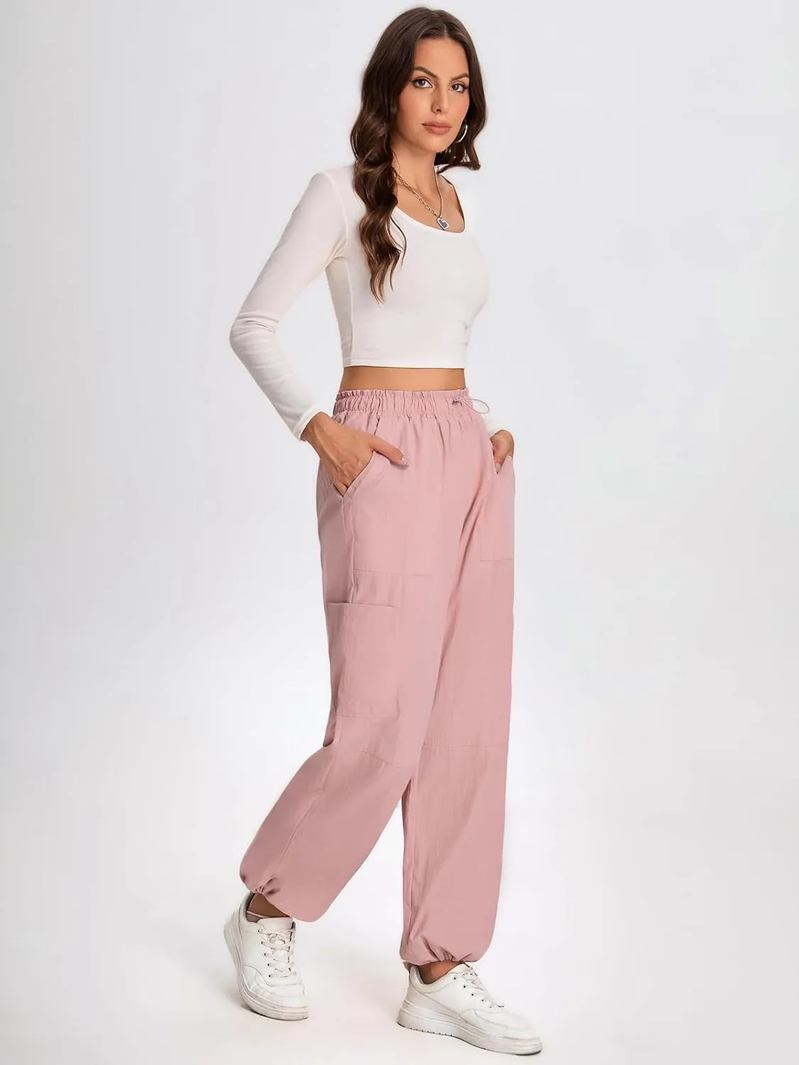 Bloggerlove Womens Cargo Pants Wide Leg Jogger Y2K Parachute Drawstring Waist Casual Baggy Pant with Pockets Trendy