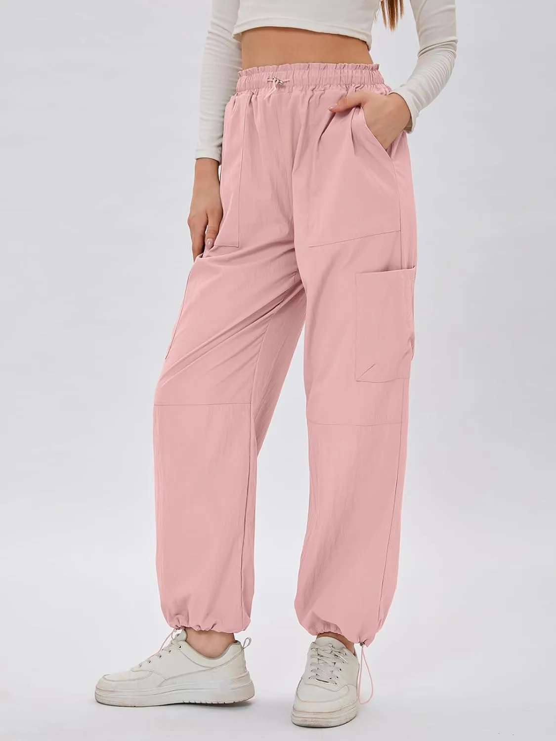 Bloggerlove Womens Cargo Pants Wide Leg Jogger Y2K Parachute Drawstring Waist Casual Baggy Pant with Pockets Trendy