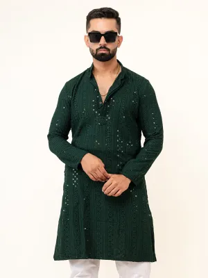 Bottle Green Sequence Designer Cotton Embroidered kurta for Men