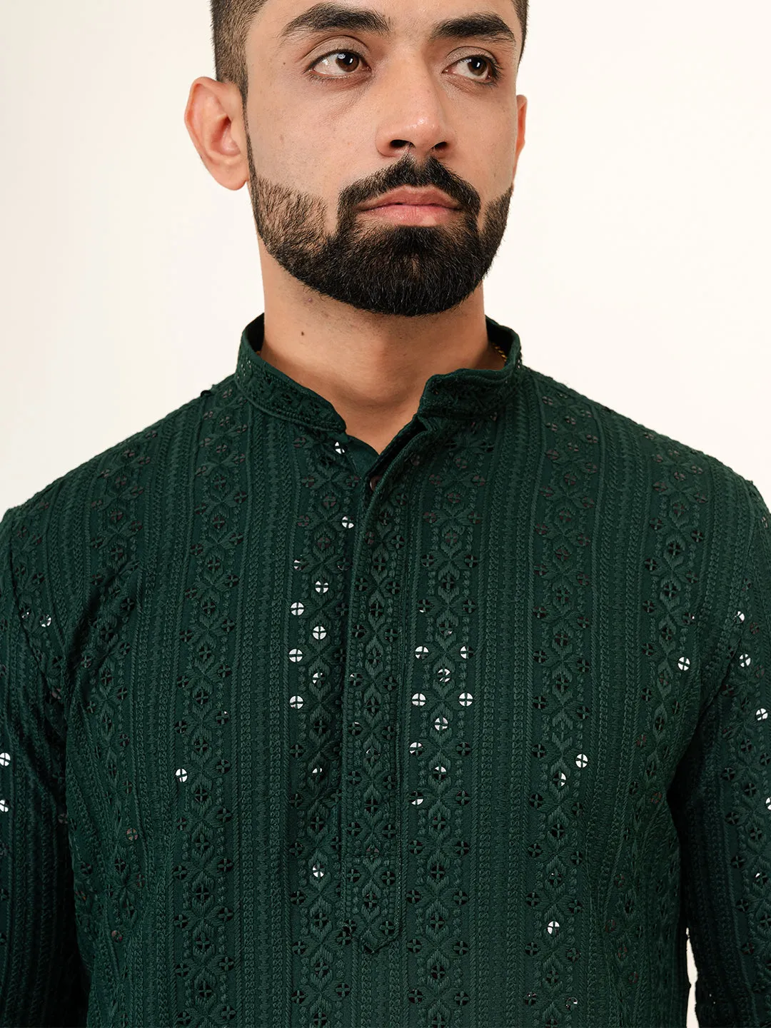 Bottle Green Sequence Designer Cotton Embroidered kurta for Men