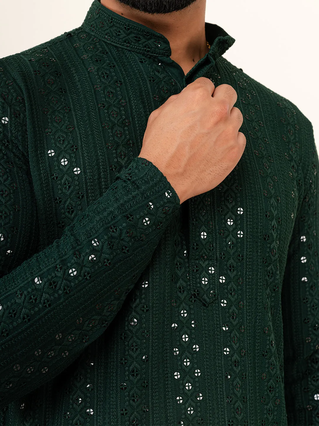 Bottle Green Sequence Designer Cotton Embroidered kurta for Men