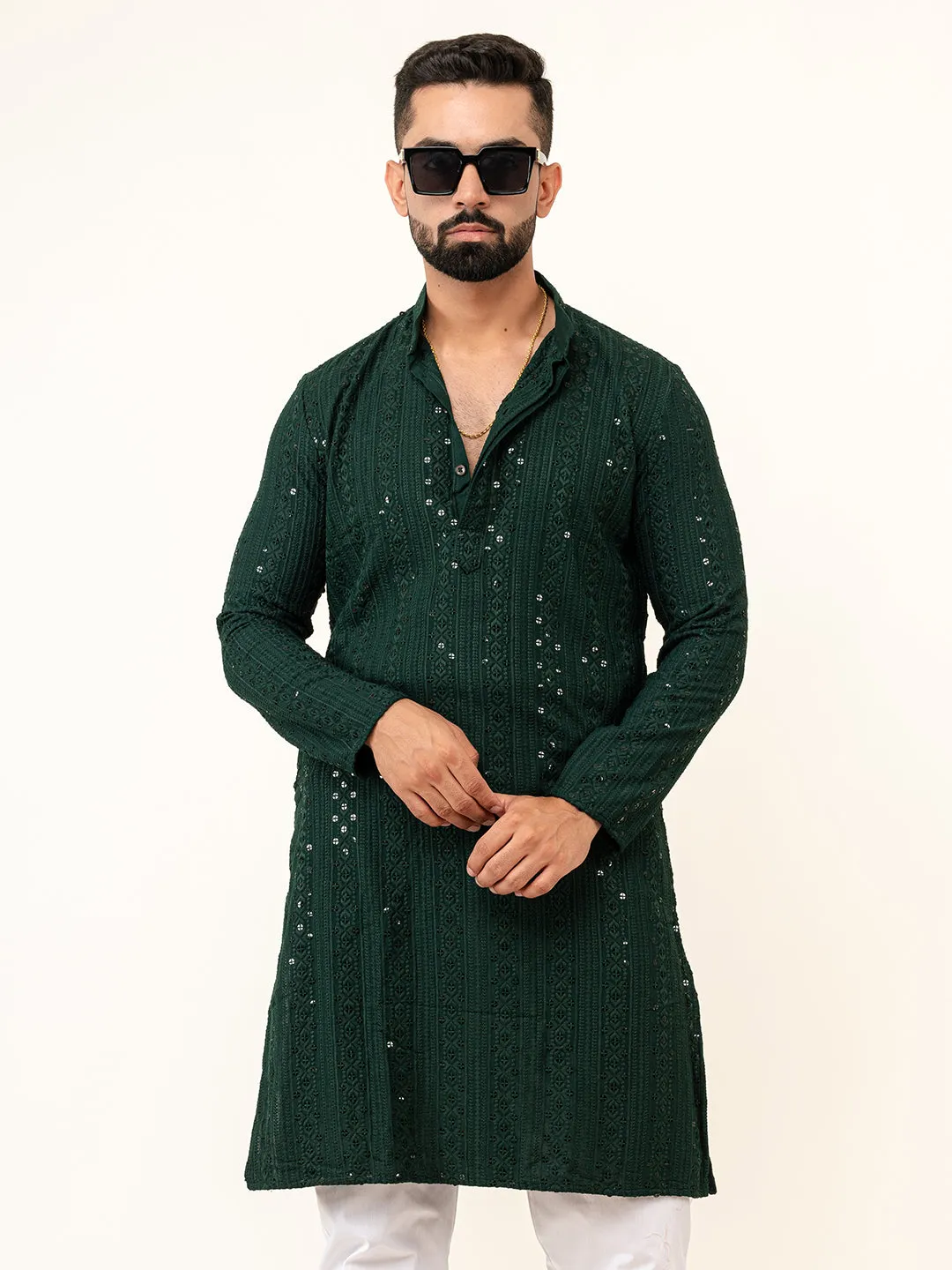 Bottle Green Sequence Designer Cotton Embroidered kurta for Men