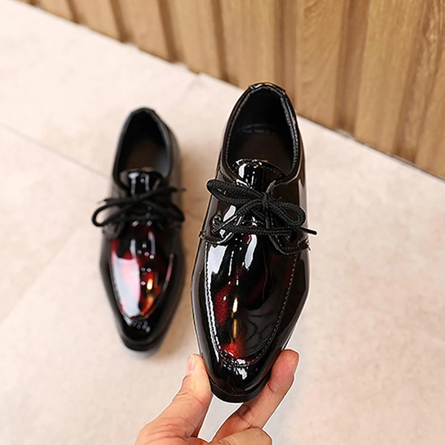Boy's Classic Dress Shoes Pointed Toe Patent Formal Oxfords Dress Shoes Lace Up Wedding Prom Footwear for Boys