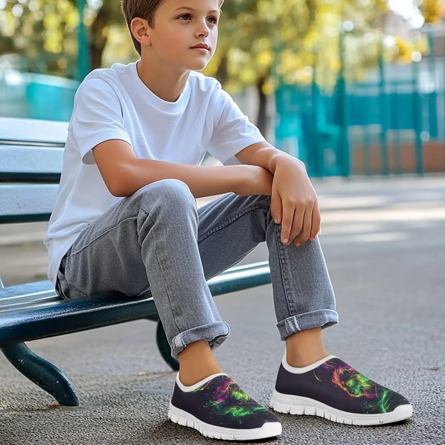 Boys Slip On Shoes Sneakers Cool Kids Tennis Gym Shoes Neon Themed