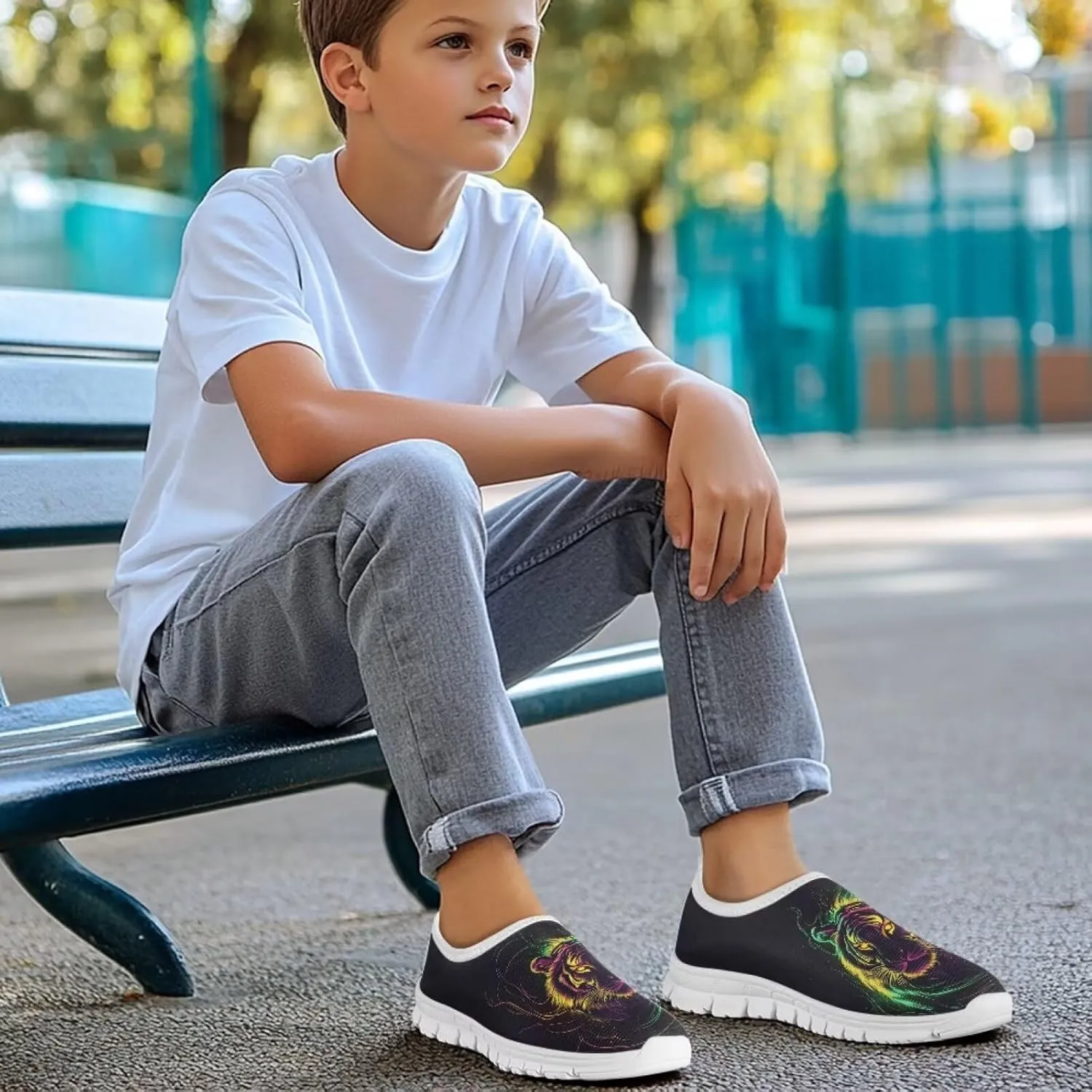 Boys Slip On Shoes Sneakers Cool Kids Tennis Gym Shoes Neon Themed