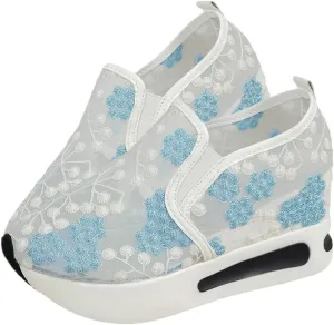 Breathable Mesh Floral Sneakers – Slip-On Platform Wedge Shoes with Arch Support for Walking & Work
