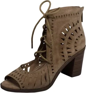 Breckelle's Gabby Beige Lasercut Stacked Chunky Stacked Block Heeled Peep Toe Sandals