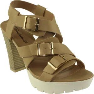 Breckelle's Women's Nella-01 Leatherette Cross Buckle Ankle Strap Lug Sole Chunky Heel Platform Sandals