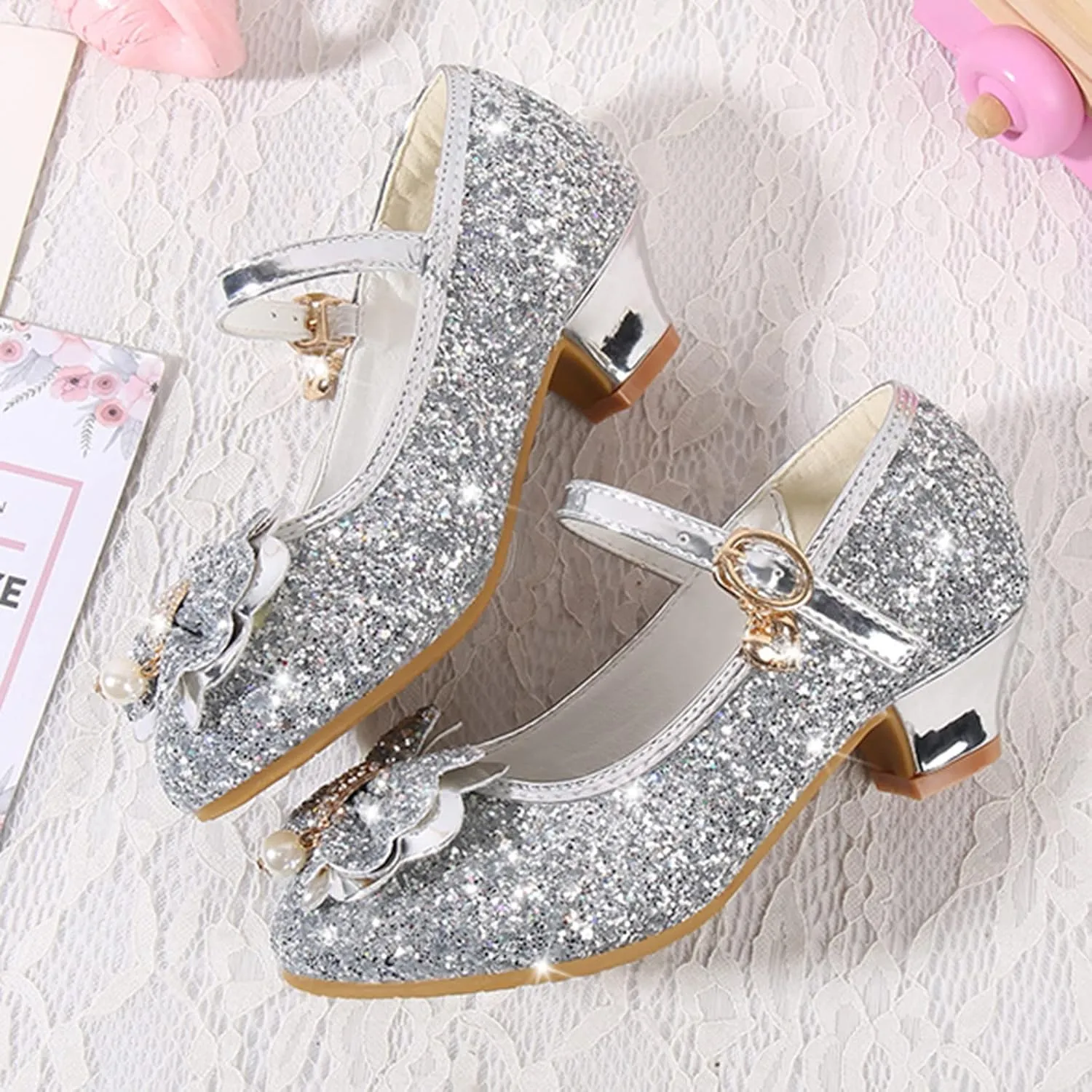 Bridesmaid Flower Girls Glitter Bow Mary Jane Dress Shoes for Wedding Party School 𝗨niform Princess Dance Shoes