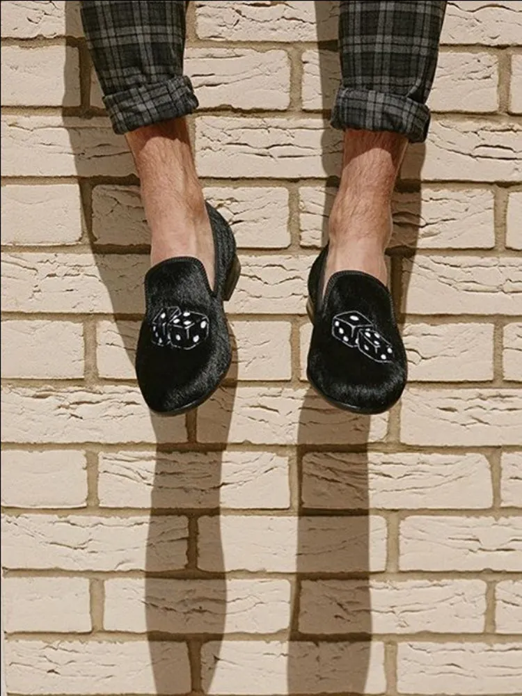 British style handmade men's classic loafers horse hair leather dice embroidered smoking shoes yuppie shoes