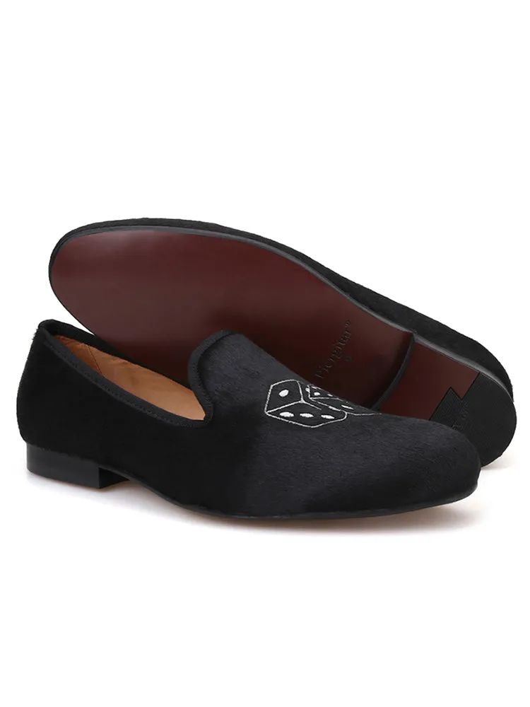 British style handmade men's classic loafers horse hair leather dice embroidered smoking shoes yuppie shoes