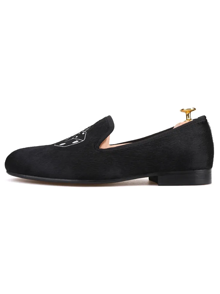 British style handmade men's classic loafers horse hair leather dice embroidered smoking shoes yuppie shoes