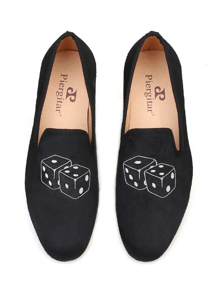 British style handmade men's classic loafers horse hair leather dice embroidered smoking shoes yuppie shoes