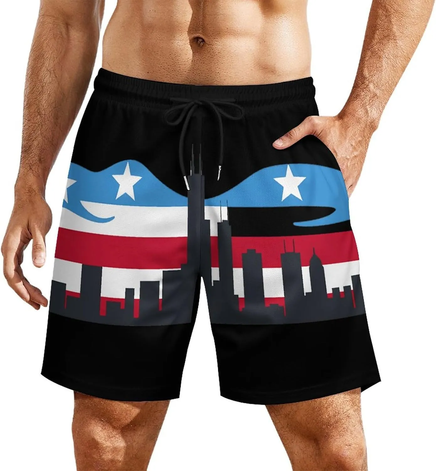 Chicagos City Flag Skyline Men's Swim Trunks Quick Dry Board Shorts Swimwear Beach Shorts with Compression Liner