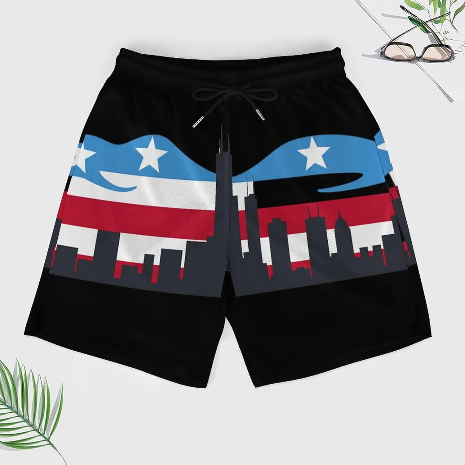 Chicagos City Flag Skyline Men's Swim Trunks Quick Dry Board Shorts Swimwear Beach Shorts with Compression Liner