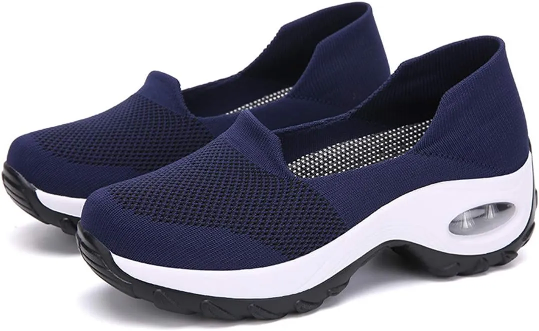 ChicWind Women's Mesh Slip On Sock Sneakers Mid Heel Air Cushion Wedge Platform Loafers
