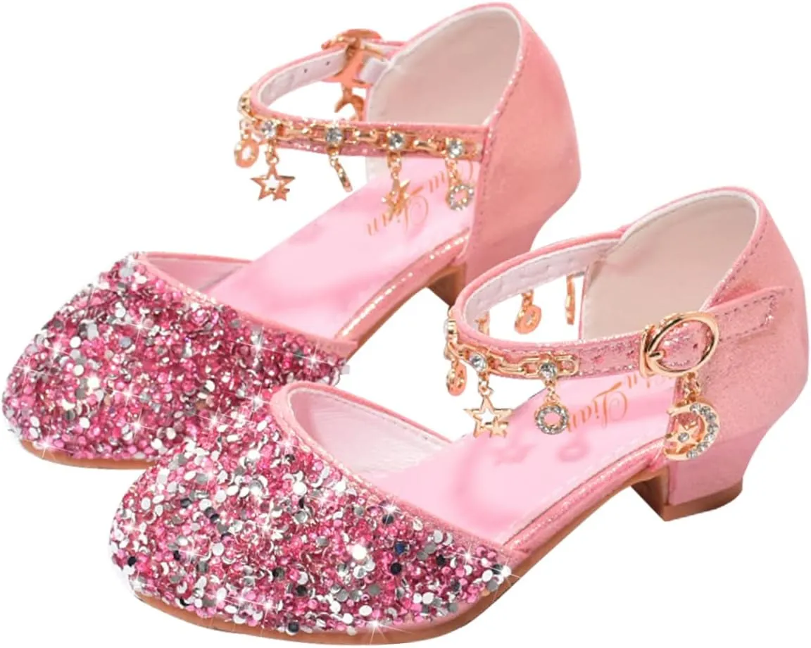 ChuLian Little Kids Girls Dress Pumps Glitter Sequins Princess Low Heels Princess Dress Shoes Party Dance Shoes Rhinestone Sandals