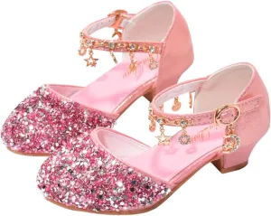ChuLian Little Kids Girls Dress Pumps Glitter Sequins Princess Low Heels Princess Dress Shoes Party Dance Shoes Rhinestone Sandals