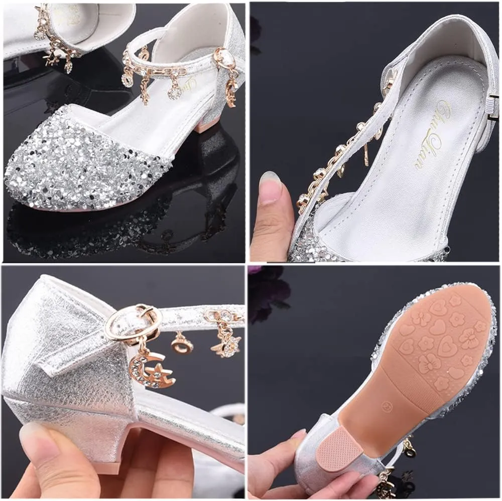 ChuLian Little Kids Girls Dress Pumps Glitter Sequins Princess Low Heels Princess Dress Shoes Party Dance Shoes Rhinestone Sandals