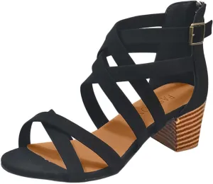 Chunky Heels Sandals for Women Summer Fashion Strappy Back Zipper Block High Heel Shoes Dressy Casual Ankle Straps Buckle Ladies Stacked Heel Shoes
