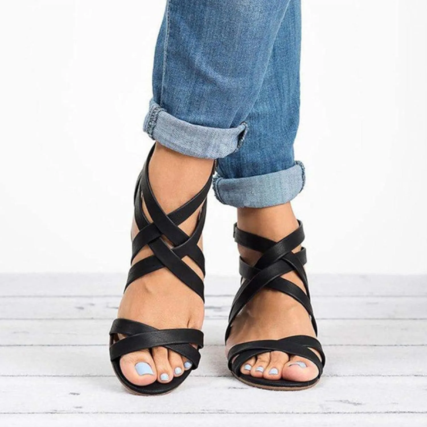 Chunky Heels Sandals for Women Summer Fashion Strappy Back Zipper Block High Heel Shoes Dressy Casual Ankle Straps Buckle Ladies Stacked Heel Shoes